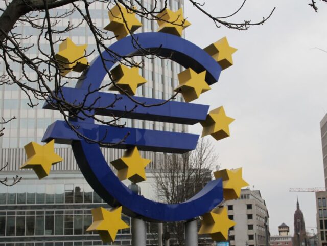 This photo taken on Feb. 24, 2023 shows the Euro sculpture in Frankfurt, Germany. EU count