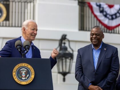 WASHINGTON, DC - JULY 04: President Joe Biden speaks as Secretary of Defense Lloyd Austin