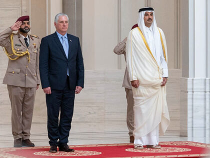 Emir of Qatar, Tamim bin Hamad Al Thani (R) receives President of Cuba, Miguel Diaz Canel