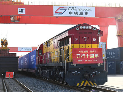 China-Europe freight train X8155 prepares to depart from the station of Xi'an Interna