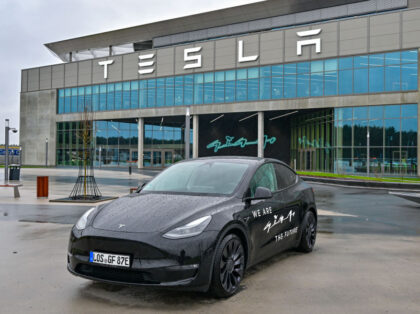 02 January 2024, Brandenburg, Grünheide: A Tesla Model Y electric vehicle stands in front