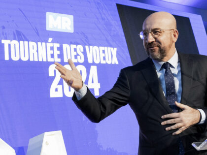 President of the European Council Charles Michel gestures as he delivers a speech at the n