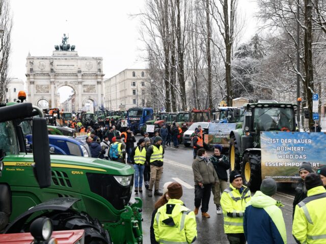 Farmers with their tractors stand at Odeonsplatz square in the city center to take part in protests against the federal government's austerity plans in Munich, southern Germany, on January 8, 2024. The German government on January 4, 2024 had dropped part of its plans to cut agricultural subsidies in the …