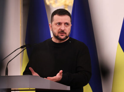 Volodymyr Zelenskiy, Ukraine's president, during a news conference with Edgars Rinkev