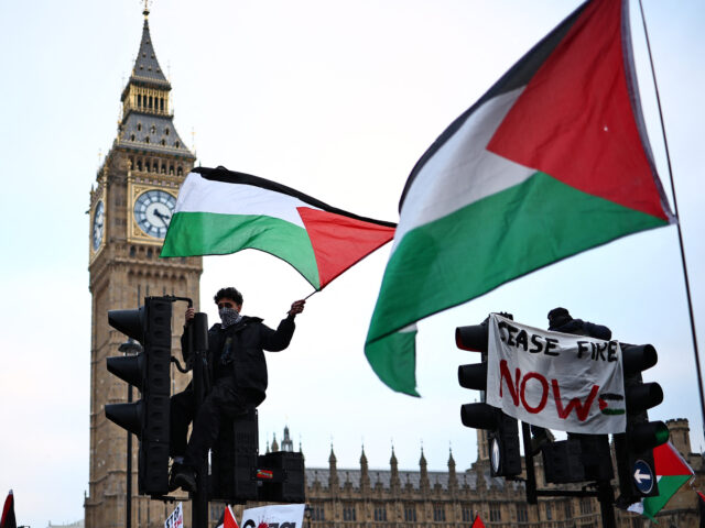 A pro-Palestinian supporter waves a Palestinian flag while sitting on a set of traffic lights in front of the Elizabeth Tower, commonly known by the name of the clock's bell, "Big Ben", at the Palace of Westminster, home to the Houses of Parliament, during a National March for Palestine in …