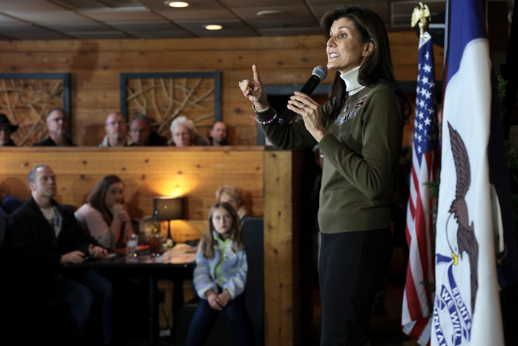 DAVENPORT, IOWA - JANUARY 13: Republican presidential candidate former U.N. Ambassador Nikki Haley speaks during a campaign event at the Thunder Bay Grille on January 13, 2024 in Davenport, Iowa. Iowa Republicans will be the first to select their party's nominee for the 2024 presidential race when they go to caucus on January 15, 2024. (Photo by Win McNamee/Getty Images)