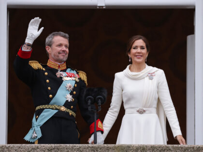 COPENHAGEN, DENMARK - JANUARY 14: Danish King Frederik X waves as he stands with Queen Mar