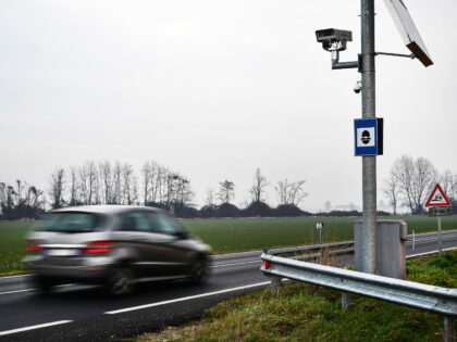 A car rides past a speed camera on January 26, 2024 on a road of Lagnasco, northwestern It