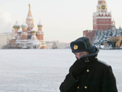 MOSCOW - JANUARY 7: A Russian police officer, braving the bitter cold, patrols Red Square