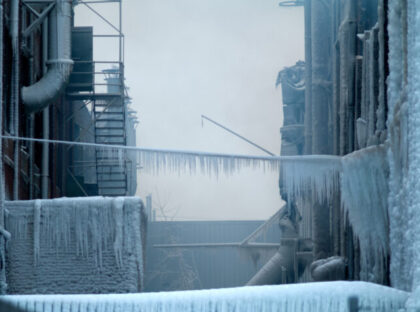 Close-up of a vintage Chicago industrial warehouse factory turned into an ice palace after
