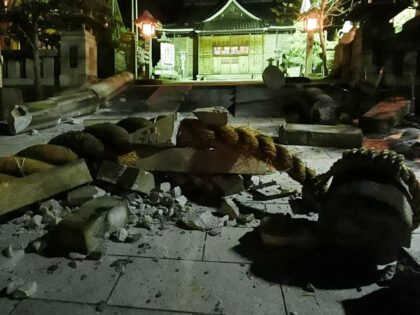 Debris is pictured in the grounds of the Onohiyoshi Shrine in the city of Kanazawa, Ishika