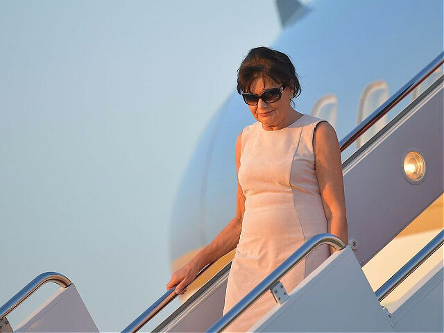 Amalija Knavs, the mother of US First Lady Melania Trump, steps off Air Force One upon arr