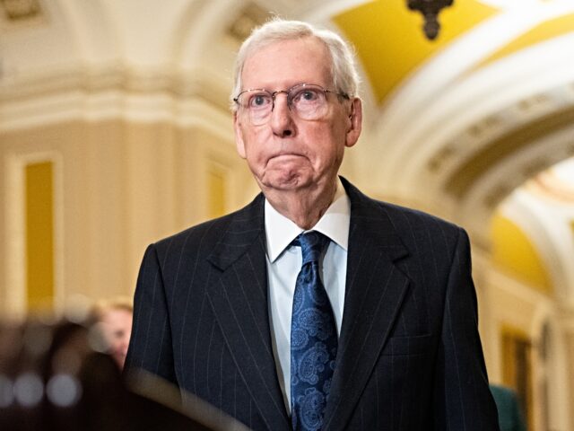 WASHINGTON - JANUARY 23: Senate Minority Leader Mitch McConnell, R-Ky., walks to the podium for the Senate Republicans' news conference in the U.S. Capitol on Tuesday, January 23, 2024. (Bill Clark/CQ-Roll Call, Inc via Getty Images)