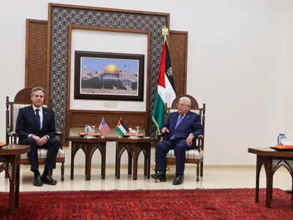 US Secretary of State Antony Blinken (L) meets with Palestinian president Mahmud Abbas (C)