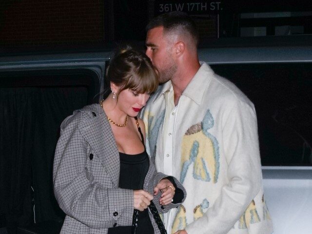 Travis Kelce and Taylor Swift arrive at SNL Afterparty on October 15, 2023 in New York Cit
