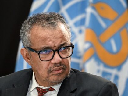 World Health Organization (WHO) chief Tedros Adhanom Ghebreyesus looks on during a press c