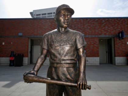 ATLANTA, GA - APRIL 15: A statue of Jackie Robinson stands in the left field stands prior
