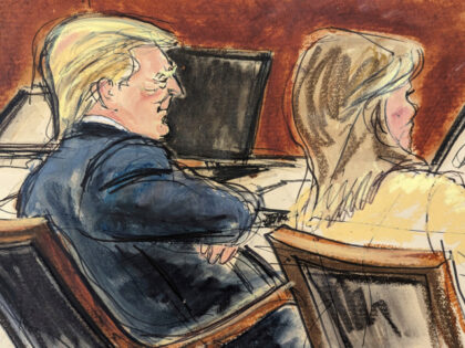 In this courtroom sketch, Donald Trump sits with arms folded beside his attorney, Alina Ha