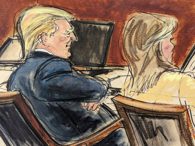 In this courtroom sketch, Donald Trump sits with arms folded beside his attorney, Alina Habba in Federal Court, in New York, Wednesday, Jan. 17, 2024. Trump was threatened with expulsion from his Manhattan civil trial Wednesday after he repeatedly ignored a warning to keep quiet while writer E. Jean Carroll …