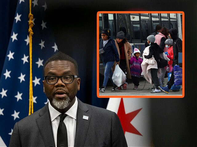 Chicago Mayor Brandon Johnson and migrants sheltering in Chicago