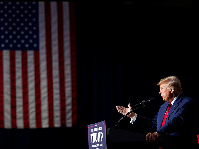 Republican presidential candidate former President Donald Trump speaks at a caucus night p