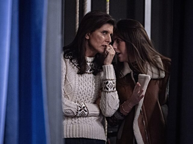 Nikki Haley, former governor of South Carolina and 2024 Republican presidential candidate, left, and her daughter Rena backstage during a campaign event at Exeter High School in Exeter, New Hampshire, US, on Sunday, Jan. 21, 2024. Haley's New Hampshire ambitions depend on high turnout among undeclared voters and former Democrats, …
