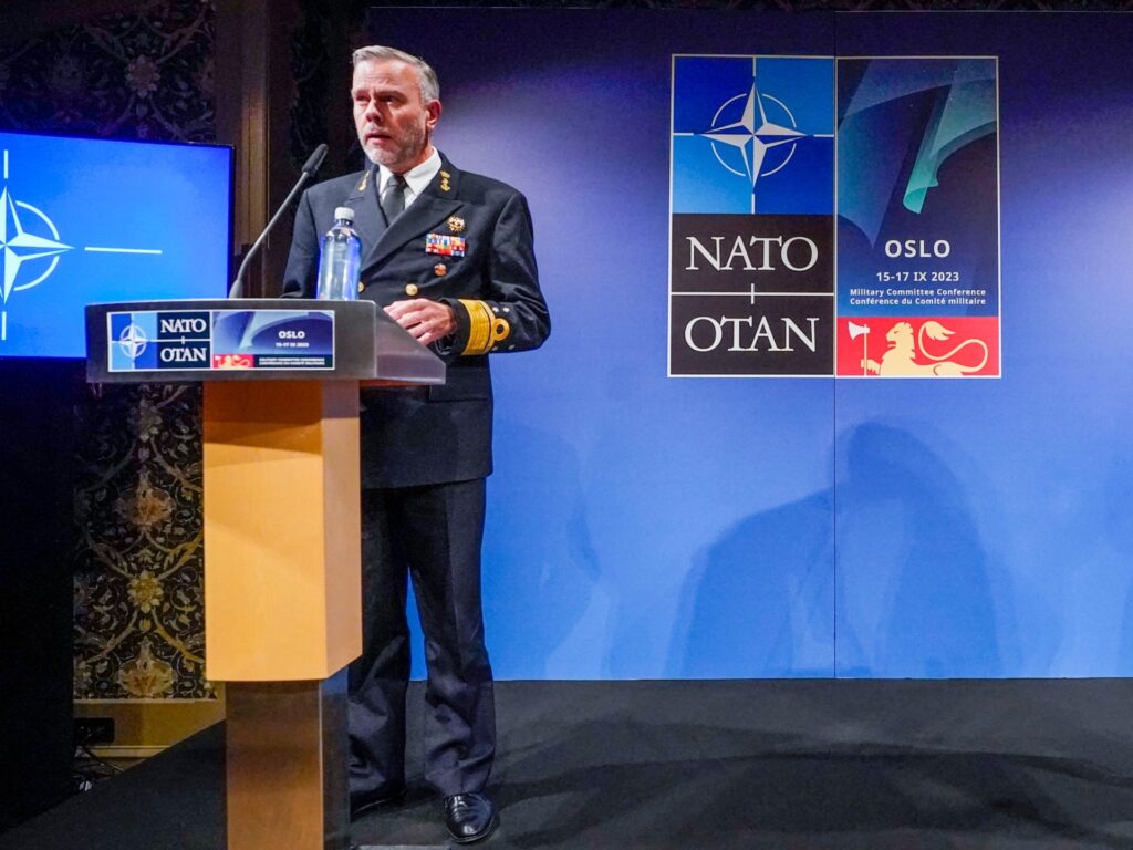 The Chair of NATO's Military Committee, Admiral Rob Bauer (L), and the head of the Norwegian Armed Forces General Eirik Kristoffersen, address a press conference during the NATO Military Committee Conference 2023 (MCC23) at the Holmenkollen Scandic hotel in Oslo, Norway, on September 16, 2023. (Photo by Lise Åserud / NTB / AFP) / Norway OUT (Photo by LISE ASERUD/NTB/AFP via Getty Images)
