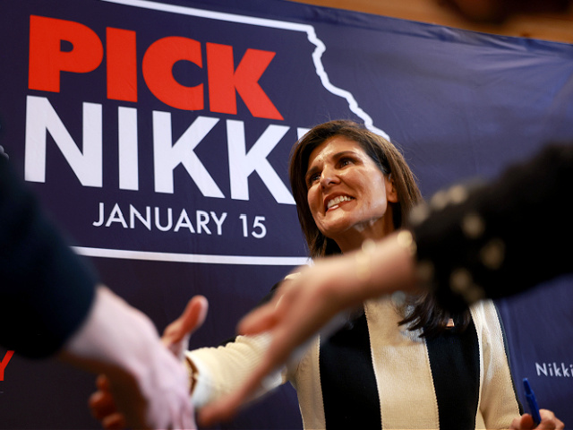 ADEL, IOWA - JANUARY 14: Republican presidential candidate former U.N. Ambassador Nikki Haley greets attendees during a campaign event at Country Lane Lodge on January 14, 2024 in Adel, Iowa. Iowa Republicans will be the first to select their party's nominee for the 2024 presidential race when they go to caucus on January 15, 2024. (Photo by Joe Raedle/Getty Images)