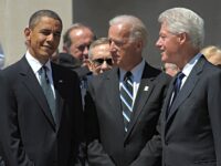 US President Barack Obama, Vice President Joe Biden, and former president Bill Clinton chat before the start of a memorial service for US Senator Robert Byrd on July 2, 2010 at the West Virginia State Capitol in Charleston, West Virginia. Democratic Senator Robert Byrd, history's longest-serving member of Congress, died on June 28, aged 92, AFP PHOTO/Mandel NGAN (Photo credit should read MANDEL NGAN/AFP via Getty Images)