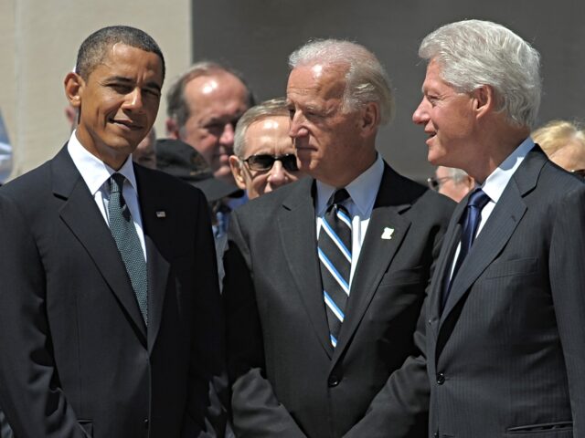 US President Barack Obama, Vice President Joe Biden, and former president Bill Clinton chat before the start of a memorial service for US Senator Robert Byrd on July 2, 2010 at the West Virginia State Capitol in Charleston, West Virginia. Democratic Senator Robert Byrd, history's longest-serving member of Congress, died …