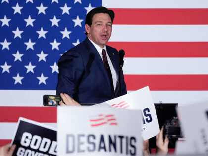 Republican presidential candidate Florida Gov. Ron DeSantis speaks to supporters during a