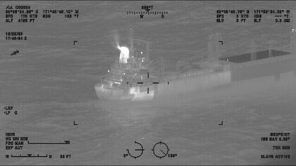 FILE - This image provided by the U.S. Coast Guard shows a reported fire aboard the 410-fo