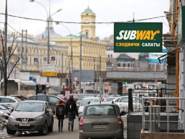 A logo sits on display outside a Subway fast food restaurant in Moscow, Russia, on Sunday,