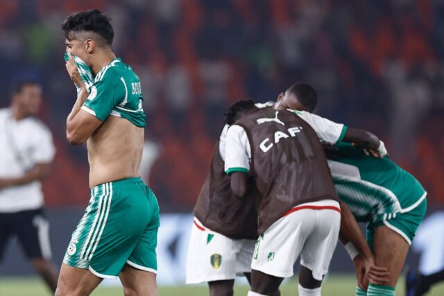 Algeria's Baghdad Bounedjah reacts after defeat by Mauritania sent the 2019 champions pack