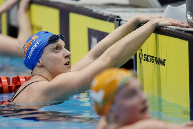 American Katie Ledecky checks the scoreboard after a dominant victory in the women's 1,500