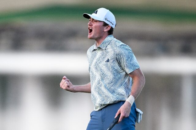 American Nick Dunlap reacts to winning The American Express tournament to become the first