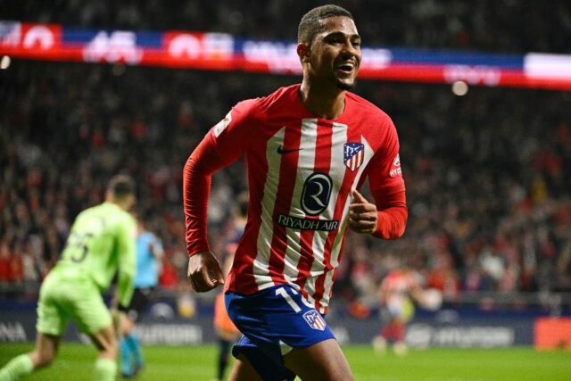 Atletico Madrid forward Samuel Lino celebrates scoring the opening goal against Valencia a