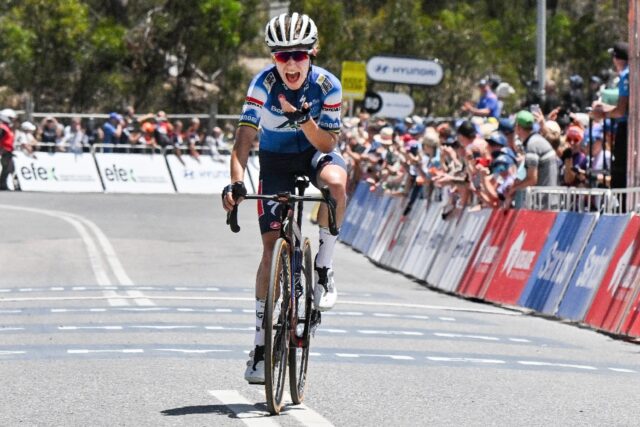 Australia's AG Insurance - Soudal rider Sarah Gigante reacts after winning the third stage