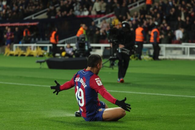 Barcelona's Brazilian forward Vitor Roque celebrates scoring the opening goal against Osasuna at the Olympic Stadium