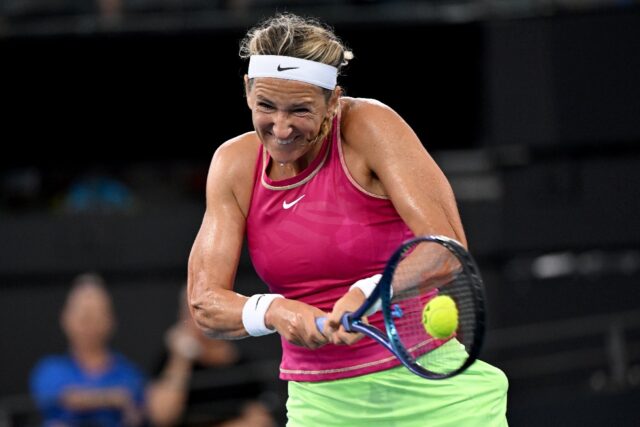 Belarus's Victoria Azarenka hits a return against Russia's Anna Kalinskaya at the Brisbane