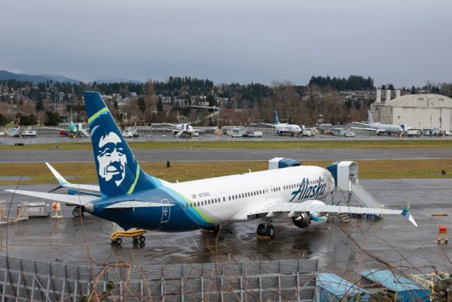 A Boeing 737 MAX 9 for Alaska Airlines is pictured along with other 737 aircraft at Renton