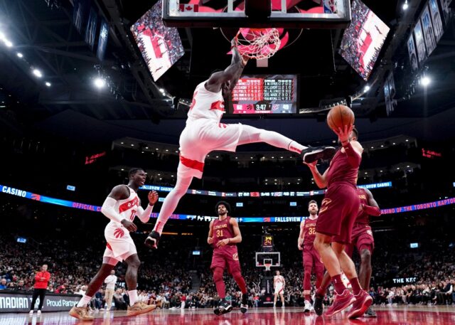Cameroonian playmaker Pascal Siakam of the Toronto Raptors dunks against the Cleveland Cav