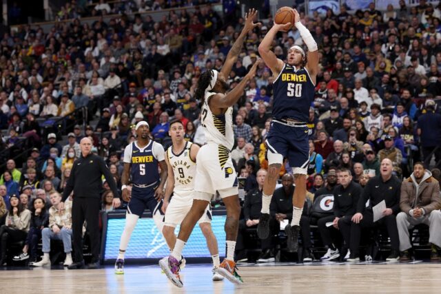 Denver's Aaron Gordon puts up a shot against Isaiah Jackson in the Nuggets' NBA victory ov