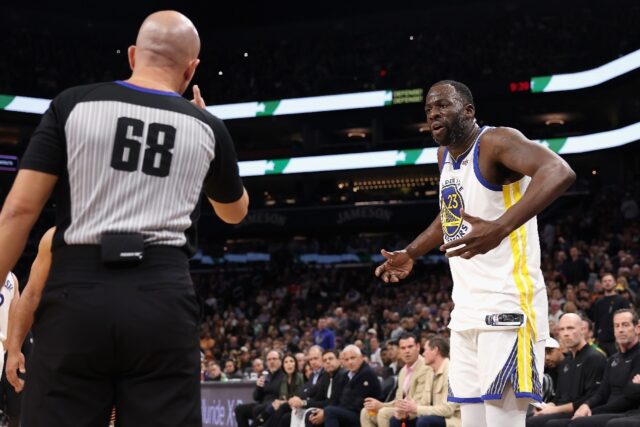 Golden State Warriors star Draymond Green reacts after being ejected for a flagrant foul i