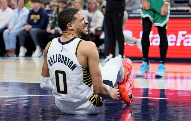 Indiana's Tyrese Haliburton grimaces after injuring his hamstring in the Pacers win over B