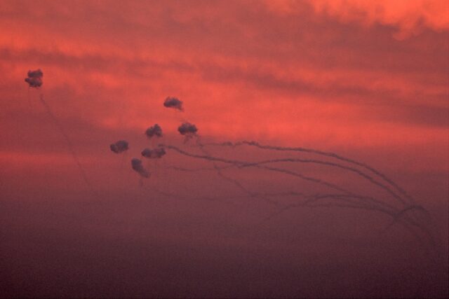 Israel's Iron Dome missile defence system intercepts a salvo of rockets fired from the sou