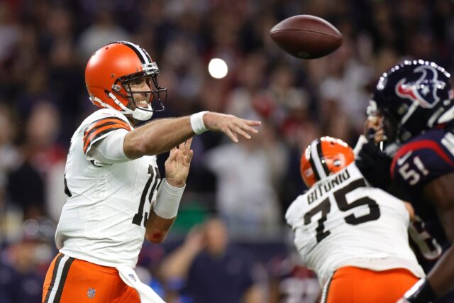 Joe Flacco threw two 'pick six' interceptions as the Cleveland Browns fell to a 45-14 play