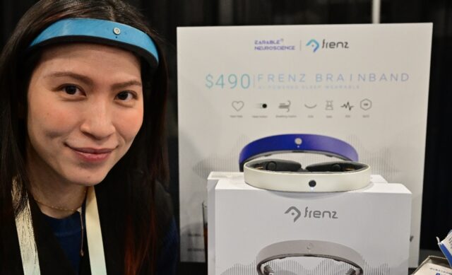 Kim Doan, head of investments at Earable, presents the "Brainband" at the Las Vegas tech s