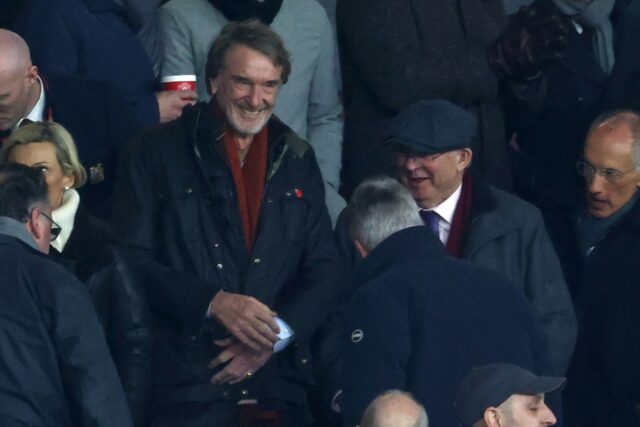 Manchester United's prospective co-owner Jim Ratcliffe (centre)sat alongside Alex Ferguson