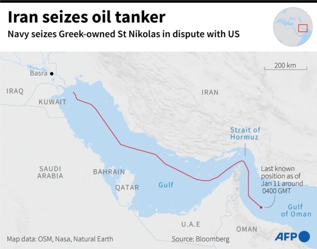 A map showing the region around the Gulf of Oman where the oil tanker St Nikolas was seize